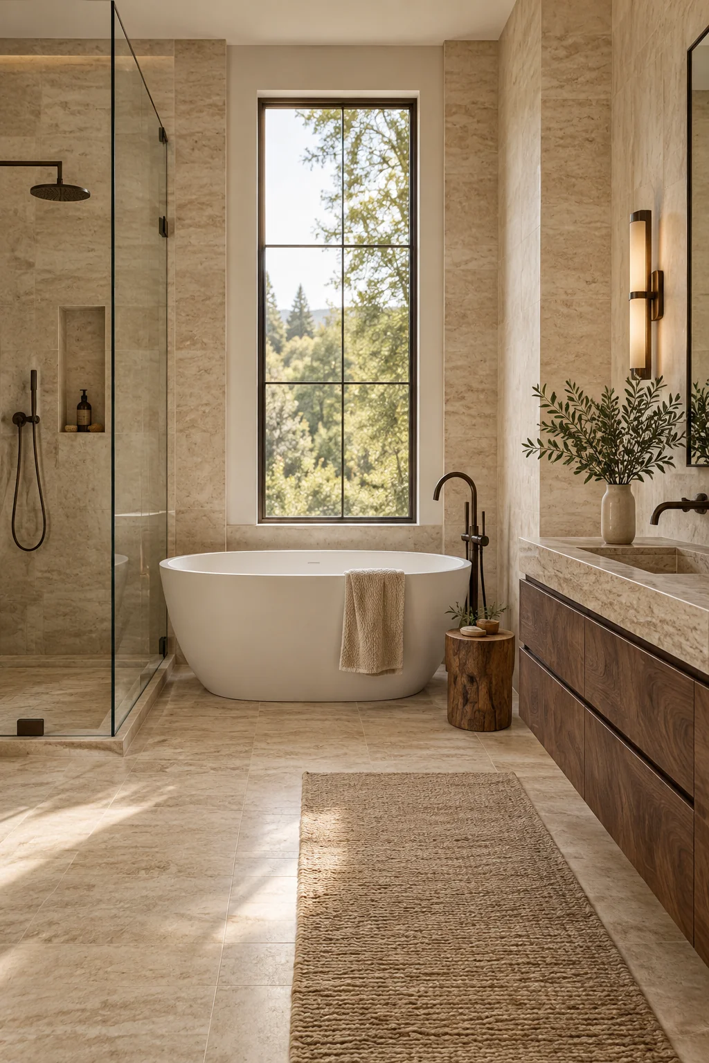 Visuel de conception : salle de bain avec baignoire blanche, douche vitrée, carrelage beige et meuble en bois.